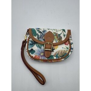 Cavalcanti Leather Wristlet Womens Floral White Brown Made in Italy Clutch